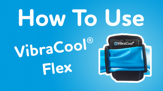 How to use VibraCool Flex. Includes a blue band, neoprene pocket, 2-chamber ice pack, heat pack, and vibration unit. Place ice in freezer. Snap metal in heat pack to activate. Boil heat pack to reset in between uses. Thread blue band or belt through d-rings on the pocket and place over area of pain. Hit the button on the vibration unit to activate. To replace batteries, unscrew the back of the unit.